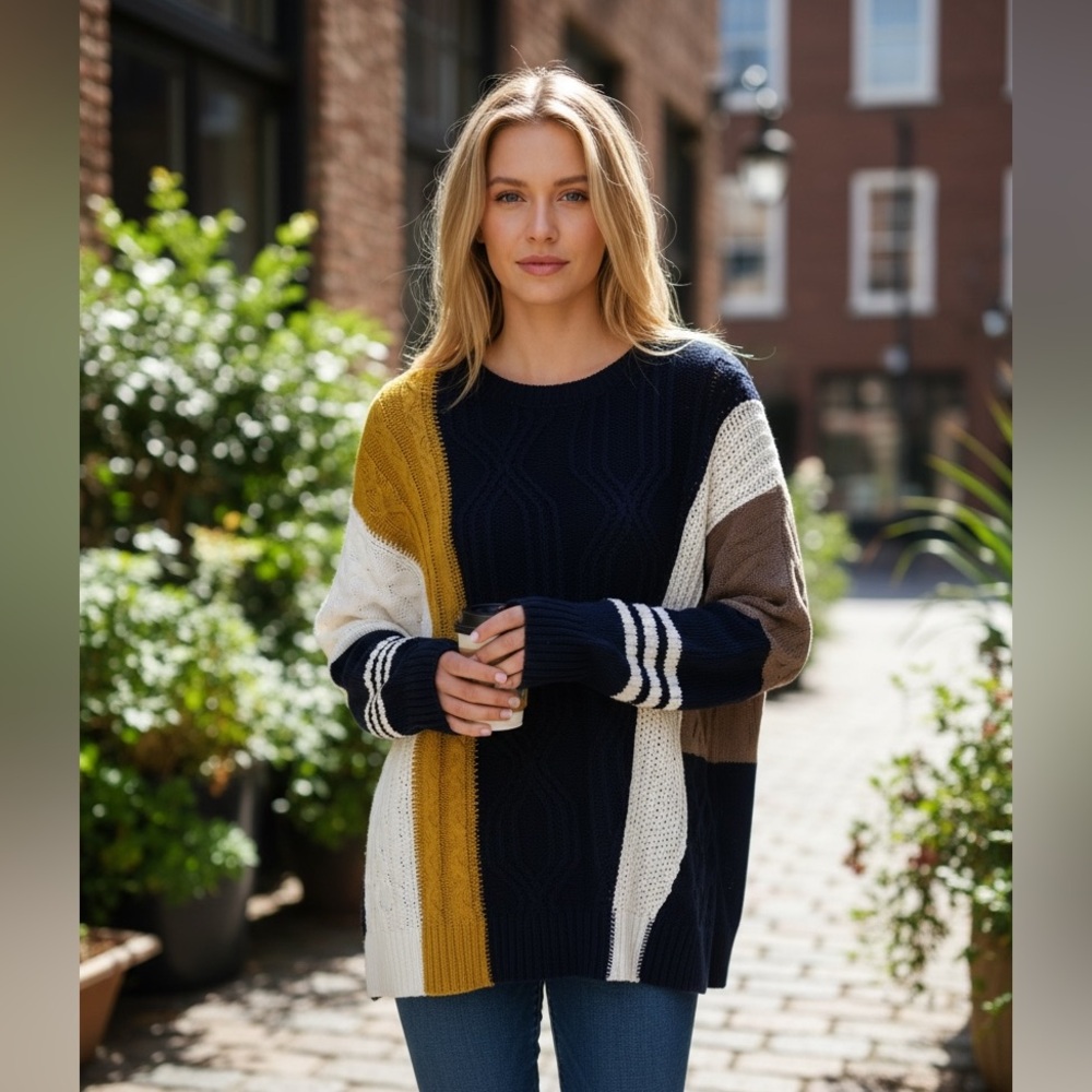 NWT Color Block Cable Knit Oversized Navy Mustard Cream Boho Chunky Sweater S